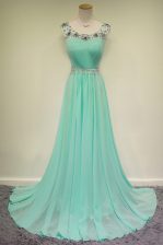 Scoop Sleeveless Brush Train Zipper Prom Evening Gown Turquoise Chiffon