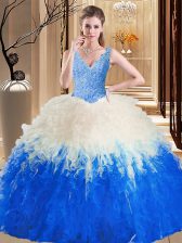  Blue And White Tulle Zipper V-neck Sleeveless Floor Length Sweet 16 Dresses Lace and Appliques and Ruffles