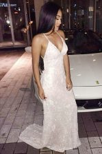  Mermaid White Sequined Criss Cross Prom Dresses Sleeveless Sweep Train Sequins