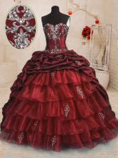 Beauteous Pick Ups Ruffled Sweetheart Sleeveless Sweep Train Lace Up Sweet 16 Dress Wine Red Organza and Taffeta