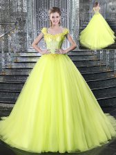  Straps With Train Ball Gowns Sleeveless Yellow Quince Ball Gowns Brush Train Lace Up