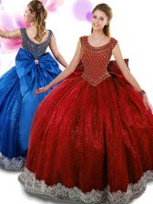  Scoop Floor Length Wine Red Quinceanera Gown Organza Sleeveless Beading and Appliques and Bowknot