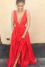  Floor Length Red Satin Sleeveless Pleated