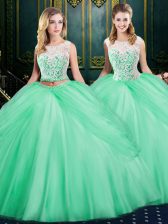  Scoop Sleeveless Floor Length Lace and Pick Ups Zipper Sweet 16 Dress with Apple Green