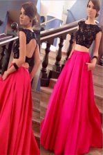  Scoop Pink And Black Short Sleeves Brush Train Lace Evening Dress
