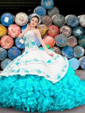  Blue And White Sleeveless Organza Lace Up Quince Ball Gowns for Military Ball and Sweet 16 and Quinceanera