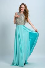 Simple Aqua Blue Chiffon Backless Scoop Sleeveless With Train Dress for Prom Brush Train Beading