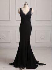  Mermaid Sleeveless Chiffon With Brush Train Backless Prom Gown in Black with Beading
