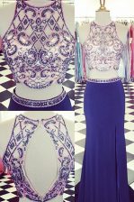  Scoop Elastic Woven Satin Sleeveless With Train Evening Dress Sweep Train and Beading