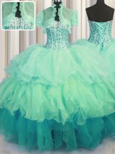 Noble Visible Boning Bling-bling Sleeveless Floor Length Beading and Ruffled Layers Lace Up 15th Birthday Dress with Multi-color
