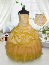 Luxurious One Shoulder Sleeveless Satin and Tulle Floor Length Lace Up Kids Formal Wear in Orange with Beading and Ruffled Layers and Pick Ups