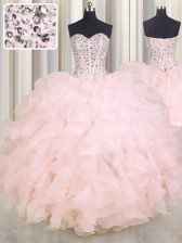  Baby Pink Ball Gowns Sweetheart Sleeveless Organza Floor Length Lace Up Beading and Ruffles Quinceanera Gown