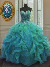  Turquoise Organza and Sequined Lace Up Sweet 16 Quinceanera Dress Sleeveless Floor Length Beading and Ruffles
