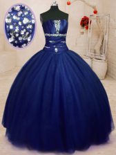  Royal Blue Lace Up 15th Birthday Dress Beading Sleeveless Floor Length