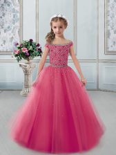  Off The Shoulder Cap Sleeves Tulle Little Girl Pageant Gowns Beading Lace Up