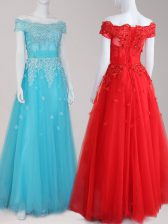  Off The Shoulder Cap Sleeves Zipper Aqua Blue Tulle