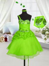  One Shoulder Organza Lace Up Little Girls Pageant Dress Sleeveless Knee Length Beading and Hand Made Flower