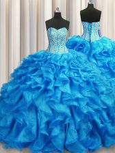 Beautiful Visible Boning Sleeveless Brush Train Lace Up Beading and Ruffles Sweet 16 Dresses