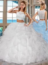 Classical White Side Zipper Bateau Beading and Ruffles Vestidos de Quinceanera Organza Sleeveless
