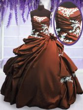 Romantic Taffeta Strapless Sleeveless Lace Up Appliques and Pick Ups Quinceanera Gown in Brown