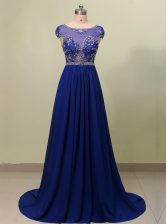  Royal Blue Zipper Scoop Beading Chiffon Cap Sleeves Brush Train