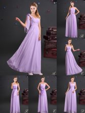 Modest One Shoulder Sleeveless Quinceanera Court Dresses Floor Length Ruching and Bowknot and Hand Made Flower Lavender Chiffon
