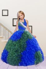 Graceful Fabric With Rolling Flowers Halter Top Sleeveless Lace Up Beading and Ruffles Kids Formal Wear in Blue and Dark Green