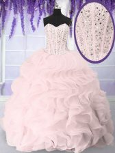 Floor Length Lace Up 15 Quinceanera Dress Pink for Military Ball and Sweet 16 and Quinceanera with Beading and Ruffles