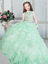  Scoop Sleeveless Floor Length Beading and Ruffles Lace Up Little Girls Pageant Dress Wholesale with Apple Green