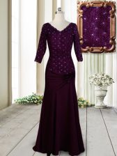 Romantic Dark Purple Zipper Beading and Lace and Hand Made Flower Homecoming Dress Elastic Woven Satin Half Sleeves