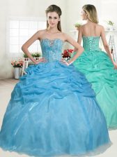 Luxurious Baby Blue Ball Gowns Beading and Pick Ups Sweet 16 Dress Lace Up Organza Sleeveless Floor Length