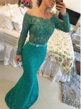 Captivating Mermaid Lace Green Long Sleeves Floor Length Beading Backless Prom Gown