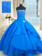 Flare Sleeveless Floor Length Beading and Lace and Sequins Lace Up 15 Quinceanera Dress with Blue Court Train
