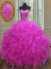 Glittering Fuchsia Lace Up Sweetheart Beading and Ruffles Quinceanera Gowns Organza Sleeveless