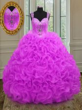 Modern Fuchsia Straps Lace Up Beading and Ruffles Vestidos de Quinceanera Sleeveless