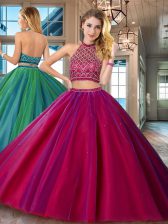 High Quality Halter Top Sleeveless Brush Train Backless Beading Quinceanera Gowns