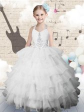 Fancy White Lace Up Halter Top Beading and Ruffled Layers Girls Pageant Dresses Organza Sleeveless