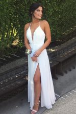 Halter Top Pleated White Sleeveless Chiffon Backless Prom Evening Gown for Prom and Party
