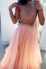 Shining High-neck Sleeveless Sweep Train Side Zipper Homecoming Dress Peach Tulle