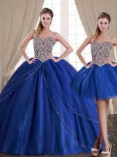 Custom Design Three Piece Floor Length Royal Blue Quinceanera Dress Tulle Sleeveless Beading