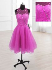  Fuchsia Lace Up High-neck Sequins Prom Dress Organza Sleeveless