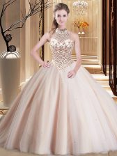 Amazing Halter Top Pink Lace Up Sweet 16 Dress Beading Sleeveless With Brush Train