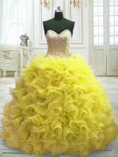 Best Yellow Ball Gowns Beading and Ruffles 15th Birthday Dress Lace Up Organza Sleeveless