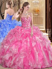 Classical Floor Length Rose Pink Quinceanera Dress Organza Sleeveless Embroidery and Ruffles