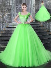  Straps Sleeveless Tulle Brush Train Lace Up Quinceanera Gown for Military Ball and Sweet 16 and Quinceanera
