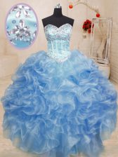 Suitable Light Blue Organza Lace Up 15 Quinceanera Dress Sleeveless Floor Length Beading and Ruffles