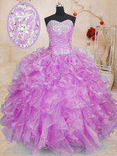  Floor Length Lilac Quinceanera Dress Organza Sleeveless Beading and Ruffles