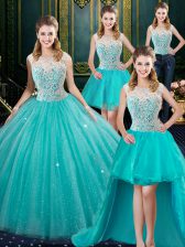 Beautiful Four Piece Aqua Blue Zipper High-neck Lace Vestidos de Quinceanera Tulle Sleeveless
