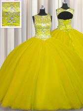 Best Scoop Gold Ball Gowns Beading Sweet 16 Dresses Lace Up Tulle Sleeveless Floor Length