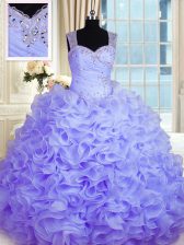Great Sleeveless Organza Floor Length Zipper 15th Birthday Dress in Lavender with Beading and Ruffles